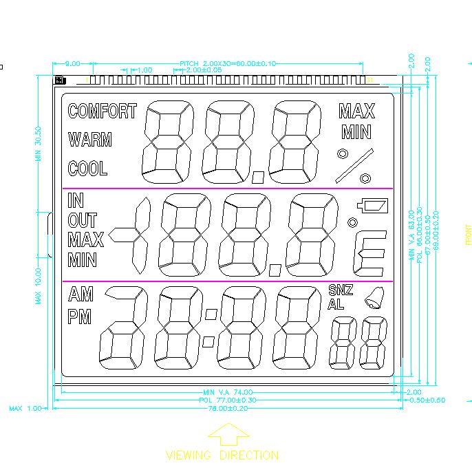 Pantalla LCD personalizada para termómetro e higrómetro, conector cebra, Lcd de segmento Tn, 1/3 BIAS TN, LCD transflectivo positivo
