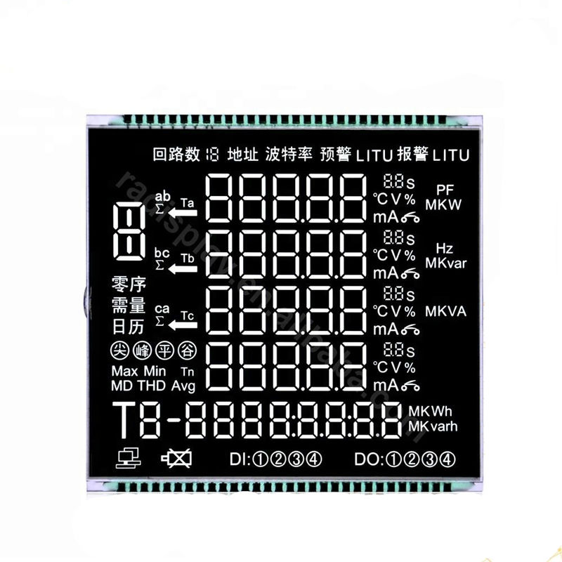 จอแสดงผล LCD 3.3V VA พร้อม Matel Pins เชื่อมต่อหน้าจอ LCD พื้นหลังสีดำสำหรับเครื่องวัดพลังงาน