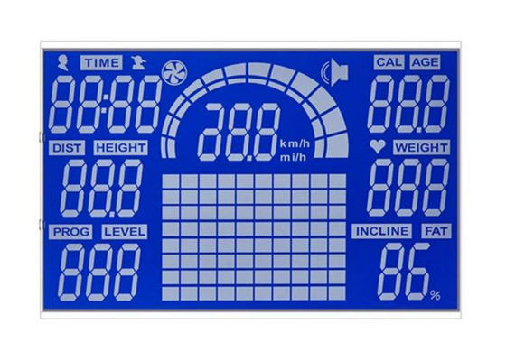 কাস্টমাইজড 7 সেগমেন্ট এলসিডি প্রদর্শন এইচটিএন নেগেটিভ এলসিডি স্পোর্ট ইজমেণ্টের জন্য নীল ব্যাকগাউন্ড ডিসপ্লে